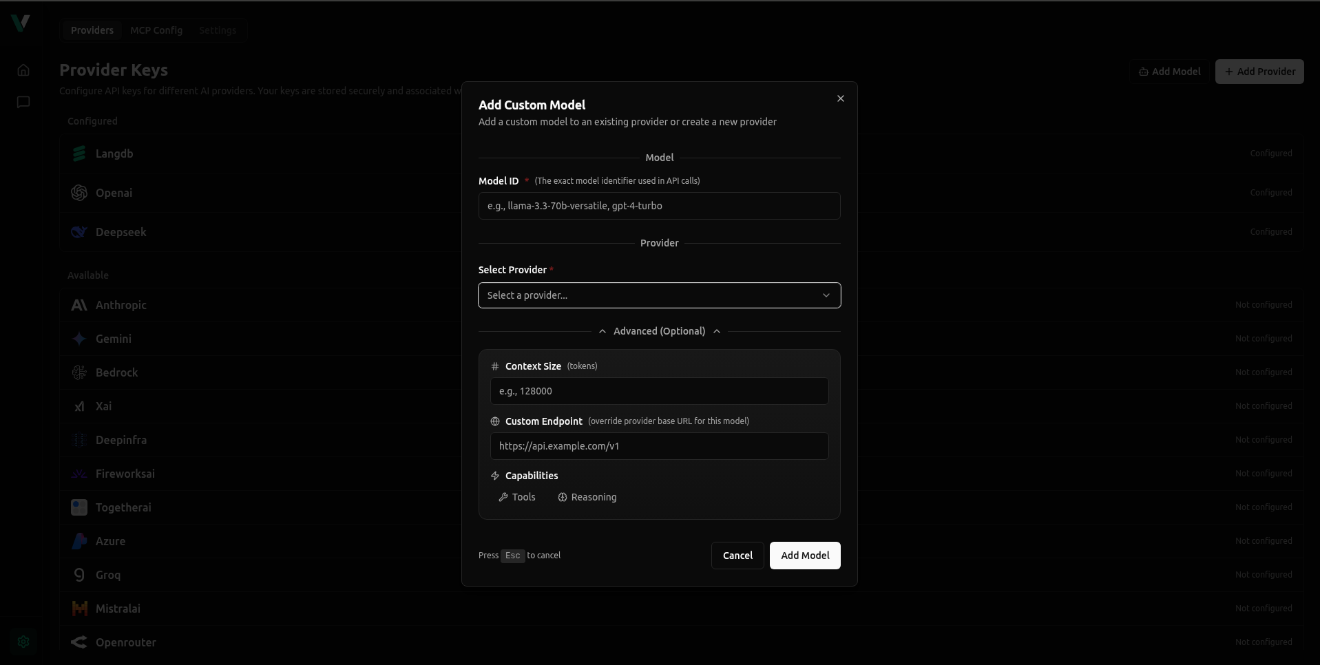 Add custom model modal